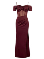 Maricia Burgundy Off Shoulder Mesh Patchwork Gown