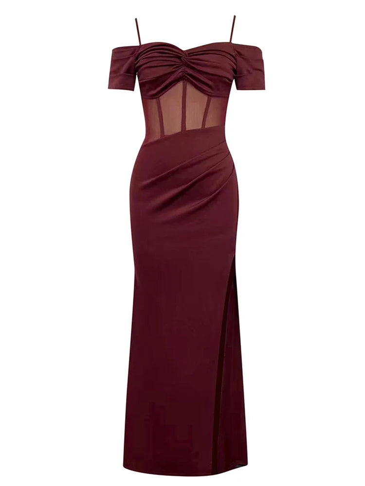 Maricia Burgundy Off Shoulder Mesh Patchwork Gown