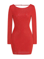 Althea Long Sleeve Mini Dress with Cowl Back Mesh and Rhinestones