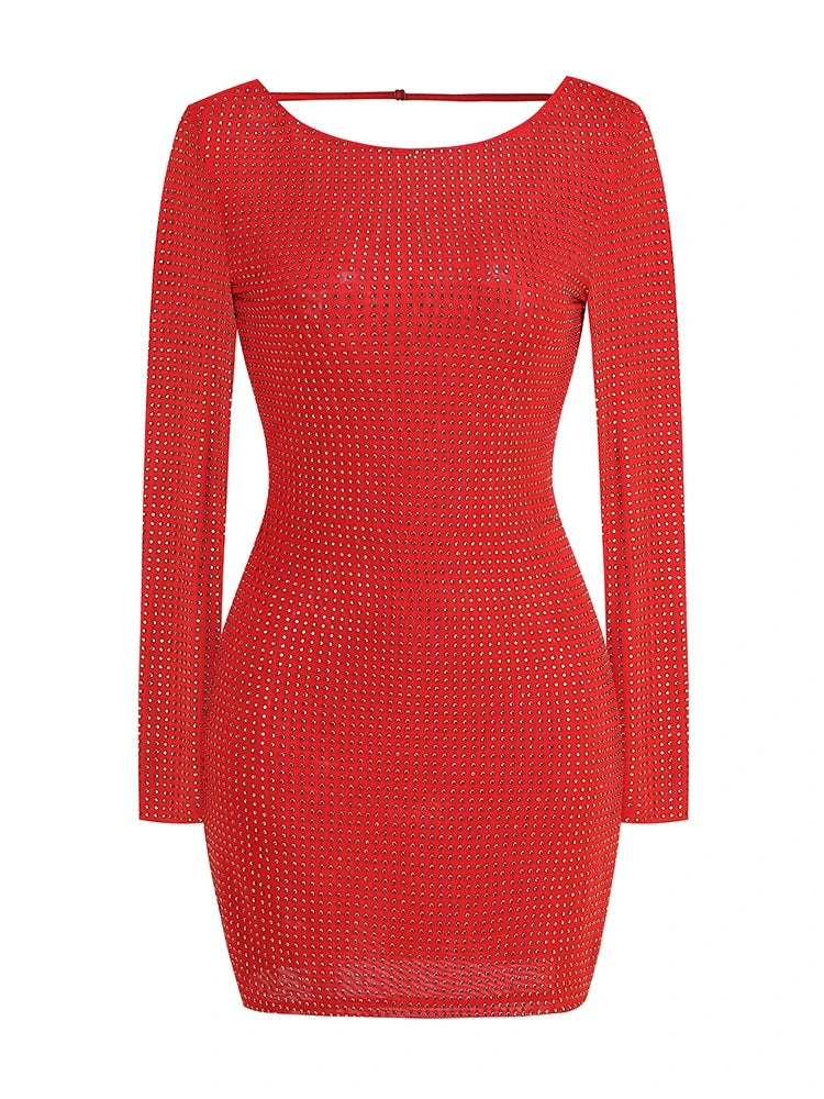Althea Long Sleeve Mini Dress with Cowl Back Mesh and Rhinestones
