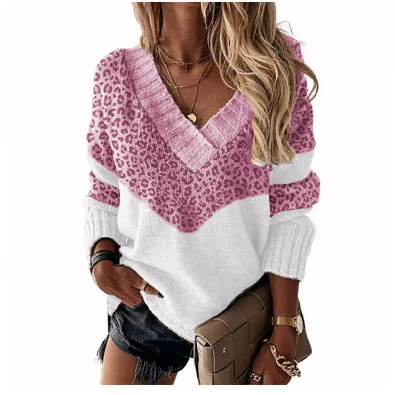 | V-neck sweater in leopard print with color blocks