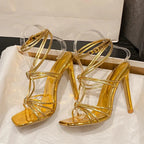 Narrow Band Buckle Strap Sandals with Square Toe and Thin High Heels for Women