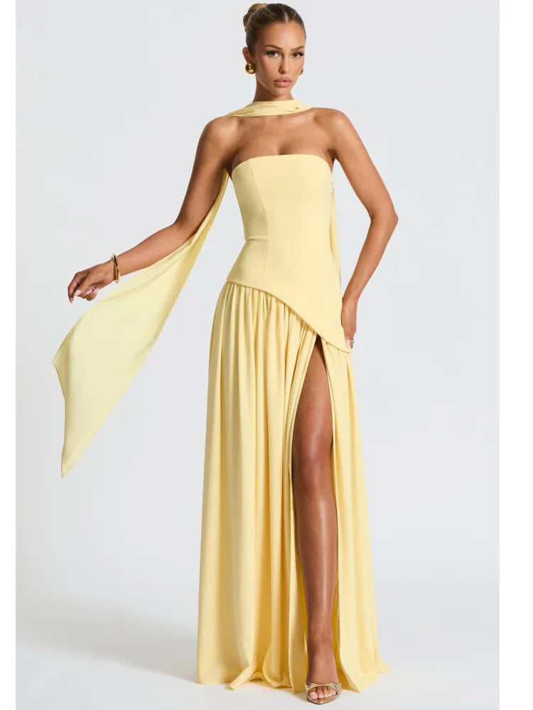 Strapless Asymmetric Hem Pleated Skirt Scarf Neck High Slit Maxi Gown