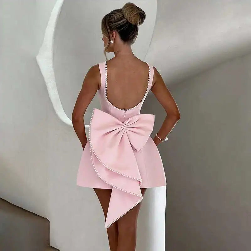 Pearl Trim Neckline Princess Seam Oversized Bow Back Fit and Flare Mini Dress