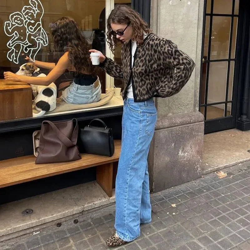 Vintage Leopard Print Knitted Mohair Cardigans Women O Neck Single Breasted Short Sweater Autumn New Lady Casual Streetwear