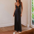 Satin Tie Front Keyhole Spaghetti Strap Maxi Dress