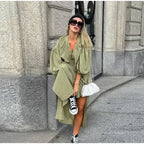 Casual Street Lace Up Long Dresses Women New Chic Loose V-neck Side Slit Solid Dress Female Summer Versatiel Street Party Robes