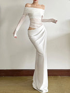 Off Shoulder Mesh Panel Waist Cutout Long Sleeve Maxi Dress