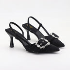 High-heeled denim sandals with rhinestone square buckle for autumn