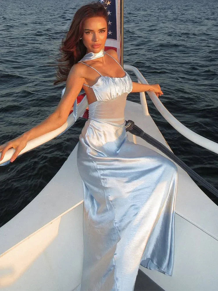 Vacaiton Beach Satin Dress Women 2025 Fashion Mesh Patchwork Sleeveless Ruffle Long Dresses Sexy Backless Party Dress