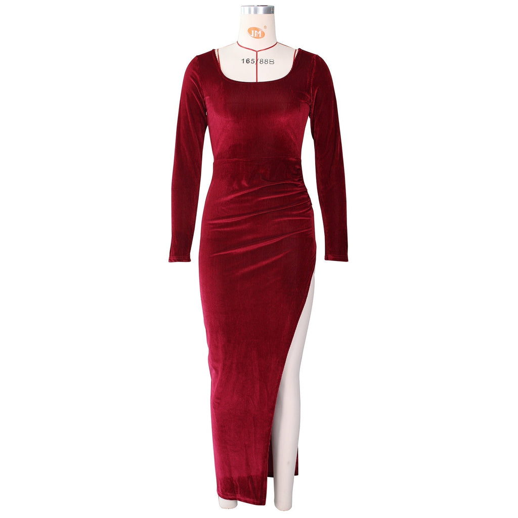 Square Neck Ruched Waist High Slit Long Sleeve Maxi Dress