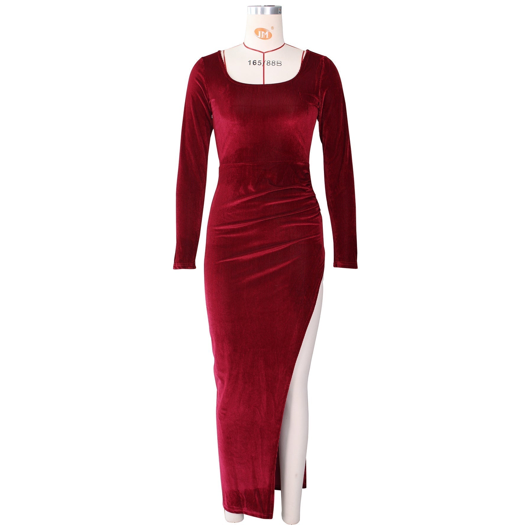 Square Neck Ruched Waist High Slit Long Sleeve Maxi Dress