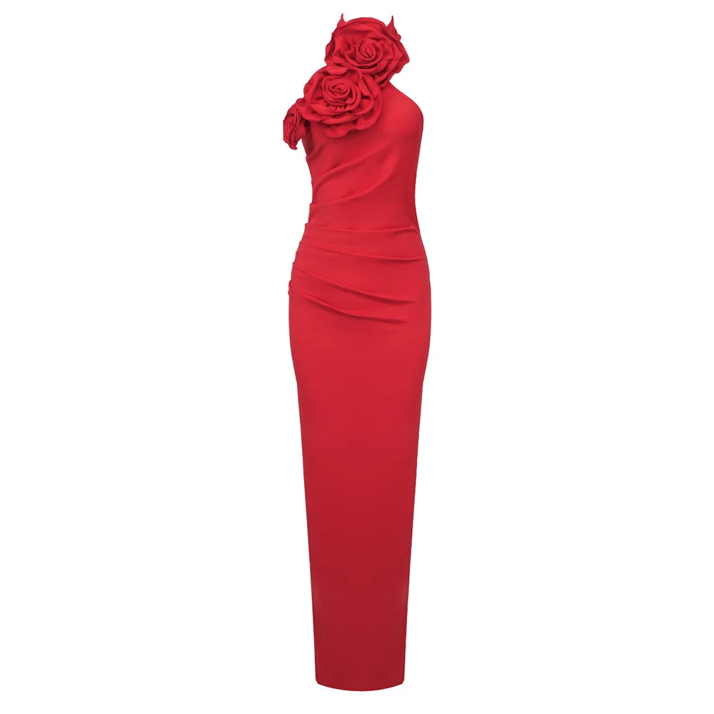 Bonnie Halter Gown Dress with Ruched 3D Flowers