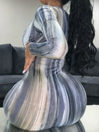 Abstract Brushstroke Print Deep V-Neck Long Sleeve Bodycon Maxi Dress
