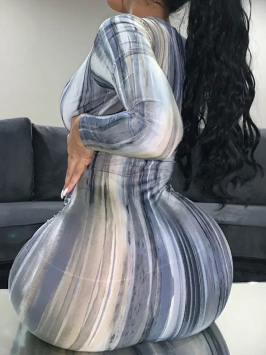 Abstract Brushstroke Print Deep V-Neck Long Sleeve Bodycon Maxi Dress