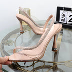Fishmouth transparent rhinestone stiletto sandals for summer