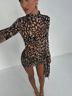 Print Mock Neck Long Sleeve Tie Side Sheer Mesh Mini Dress