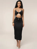 Ring Link Halter Midriff Cut Out Twist Front Bodycon Midi Dress