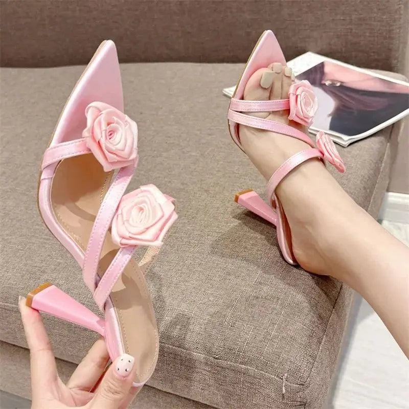 Candy Color Flower Pointed Toe Thin Heel Slippers for Women