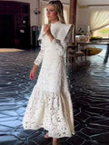 Cape Collar Mock Neck Lace Long Sleeve Ruffle Hem Maxi Gown