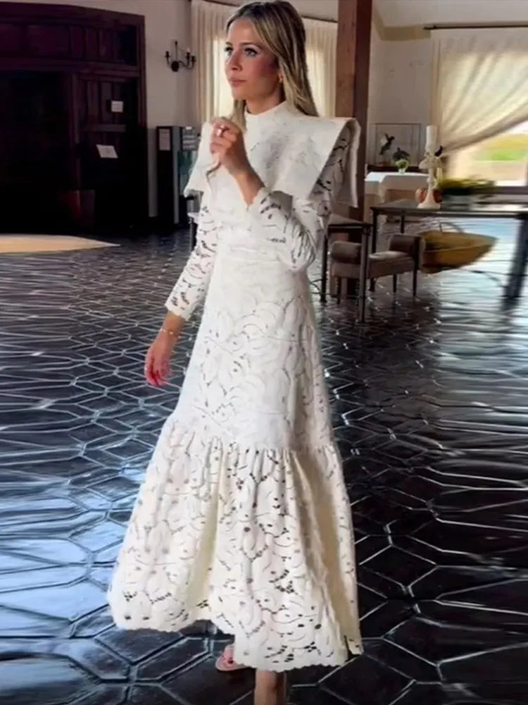 Cape Collar Mock Neck Lace Long Sleeve Ruffle Hem Maxi Gown