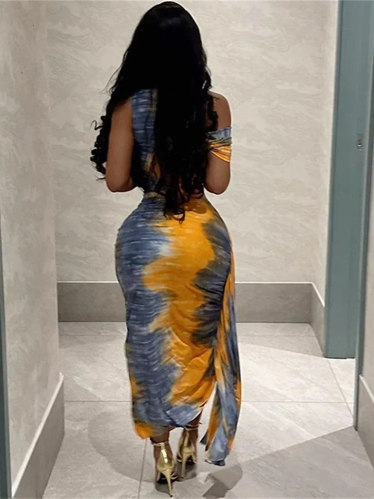 Tie Dye One Shoulder Draped Sleeve Ruched Side Sash Bodycon Maxi Dress