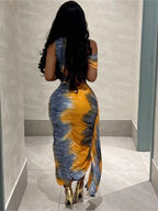 Tie Dye One Shoulder Draped Sleeve Ruched Side Sash Bodycon Maxi Dress