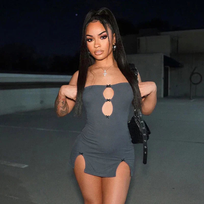 Strapless Keyhole Bow Front Dual Slit Bodycon Mini Dress
