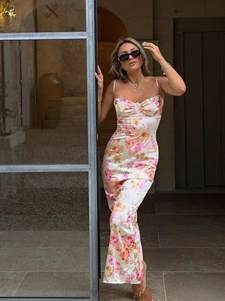 Satin Bustier Spaghetti Strap Large Floral Print Maxi Dress