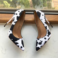 Cow Print Women White Hairy Flock Pointy Toe High Heel Shoes - Cow Print High Heel Shoes