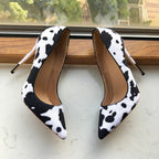 Cow Print Women White Hairy Flock Pointy Toe High Heel Shoes - Cow Print High Heel Shoes