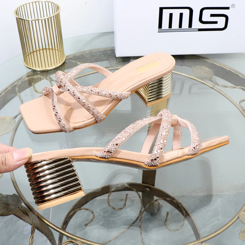 Rhinestone sandals with thick high heels for women's luxury style in autumn