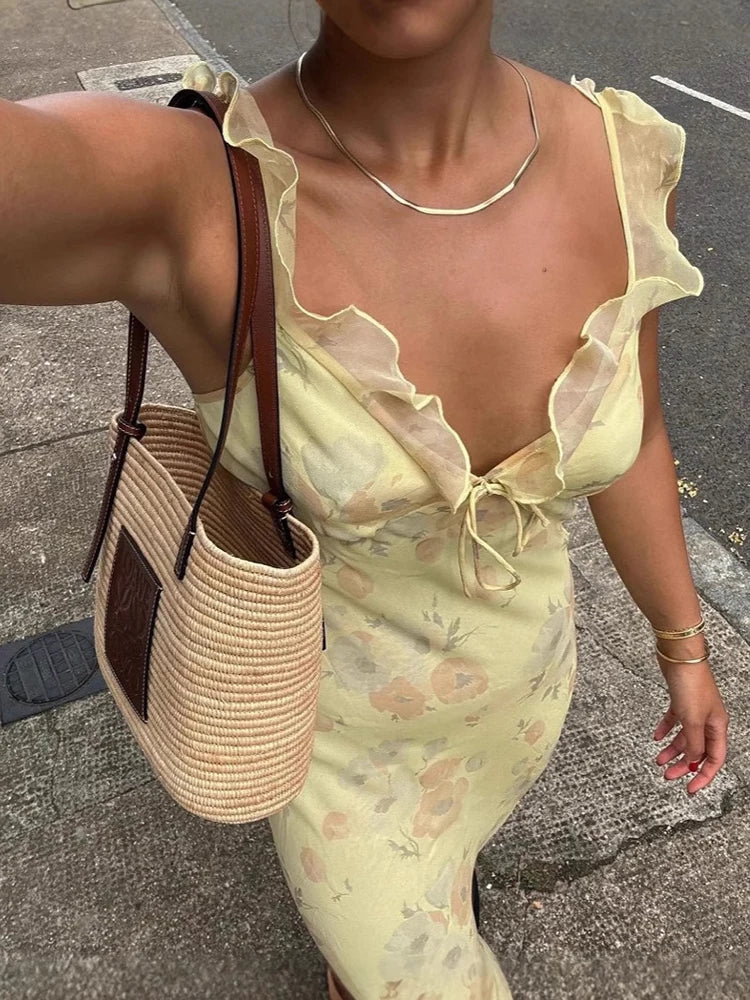 Ruffle Trim Tie Neck Spaghetti Strap Floral Print Bodycon Maxi Dress