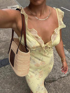 Ruffle Trim Tie Neck Spaghetti Strap Floral Print Bodycon Maxi Dress