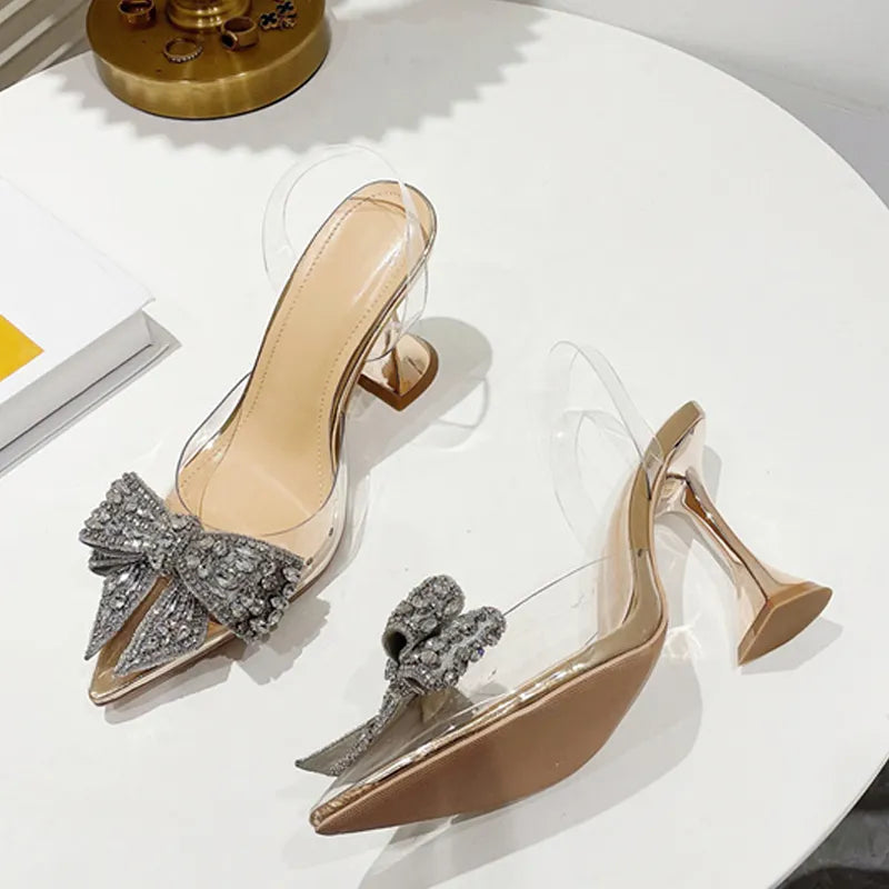 Crystal Sequined Bowknot Women Pumps with Sexy Pointed Toe High Heels