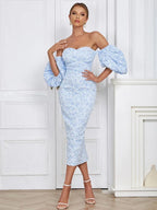 Off Shoulder Floral Jacquard Puff Sleeve Bodycon Midi Dress