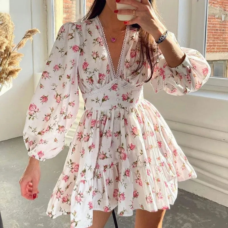 Ditsy Floral Print Lace Trim Puff Sleeve Tiered Ruffle Hem Mini Dress