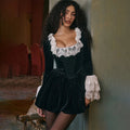 Velvet Corset Bodice Ruffled Lace Collar Long Sleeve Puff Skirt Mini Dress