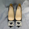 Black Satin Pointy Toe High Heel Shoes with Glitter Diamante Square Detail