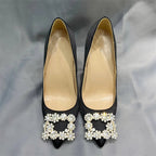 Black Satin Pointy Toe High Heel Shoes with Glitter Diamante Square Detail