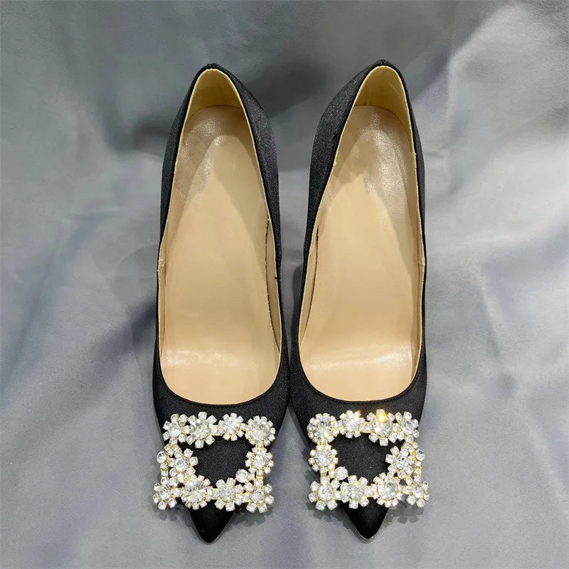 Black Satin Pointy Toe High Heel Shoes with Glitter Diamante Square Detail