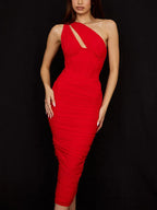One Shoulder Keyhole Cut Out Corset Seam Ruched Bodycon Midi Dress