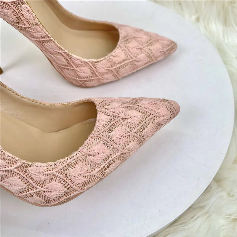 Pink Lace Fabric Pointy Toe High Heel Wedding Bridemaids Shoes