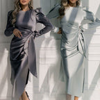 Crew Neck Puff Shoulder Side Tie Wrap Tulip Hem Satin Midi Dress