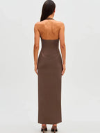 Halter Neck Deep Plunge Ruched Side Bodycon Maxi Dress
