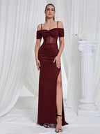Maricia Burgundy Off Shoulder Mesh Patchwork Gown