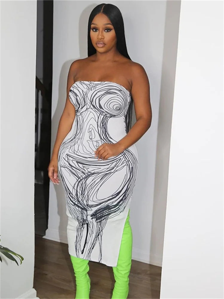 Abstract Line Art Print Strapless Tube Side Slit Midi Dress