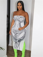 Abstract Line Art Print Strapless Tube Side Slit Midi Dress