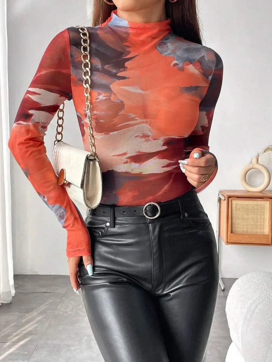 Gradient Patchwork Slim Fit Sheer Top
