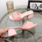 Luxurious ladies slippers with thick square head and 6cm coarse heel